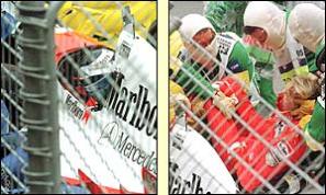 Haikkinen es sacado del monoplaza por el equipo médico después de un impacto brutal en Adelaida, en 1995. El finlandés sufrió fractura de cráneo.